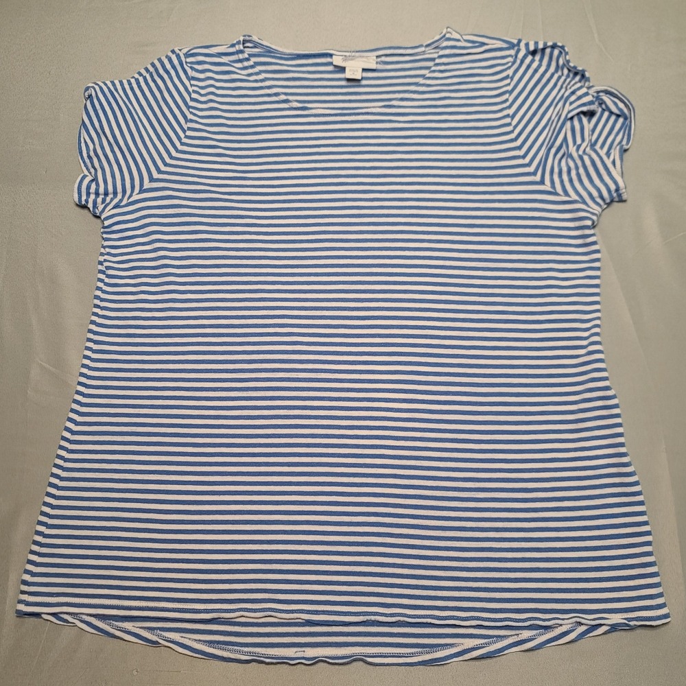 J. Jill Striped Top Womens Medium Petite Blue Linen Blend Petal Sleeve Nautical‎